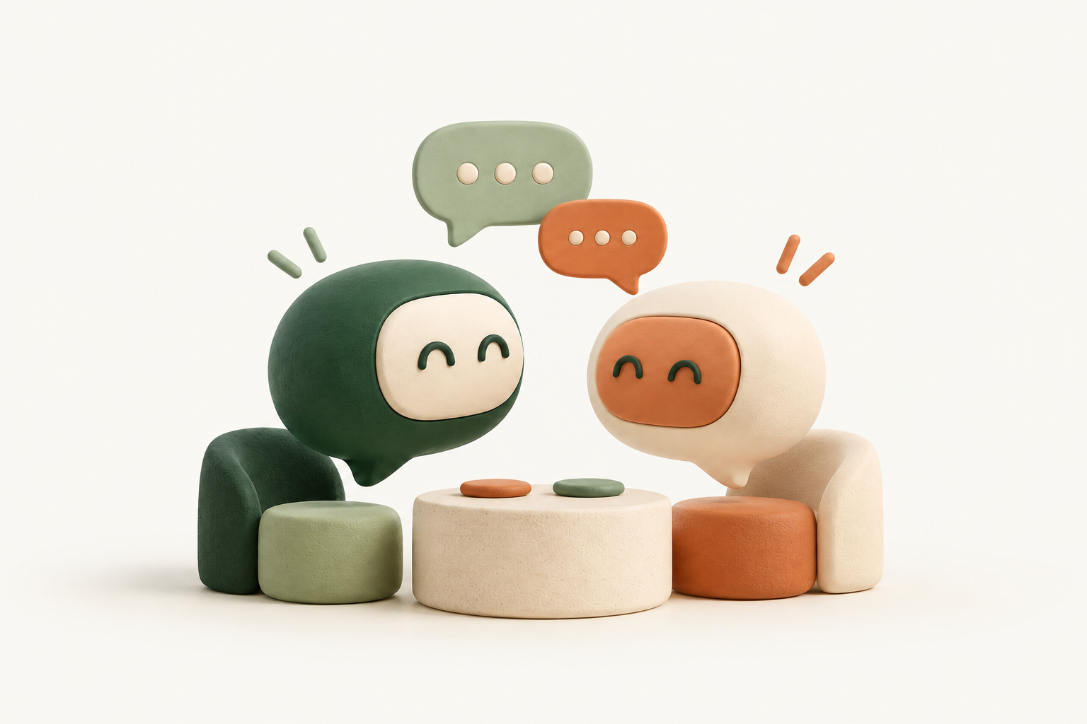 Two friendly green and terracotta bots chatting across a little table.